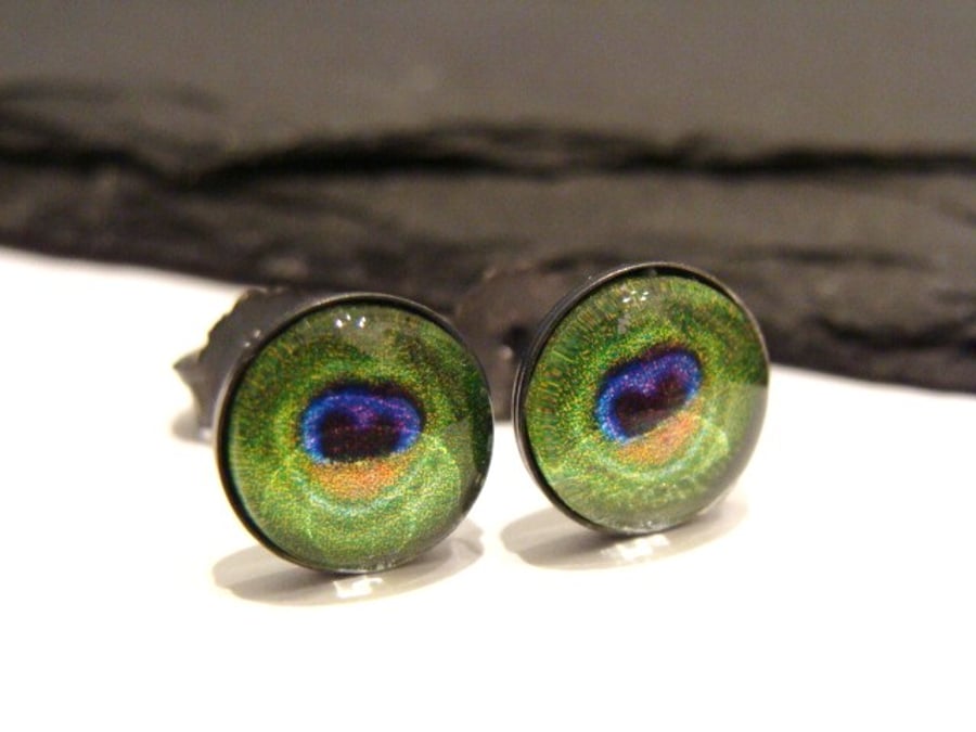 Oxidised Sterling Silver Peacock Feather Print Stud Earrings 