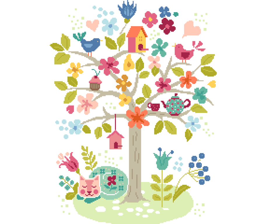 146AB Cross Stitch Pattern Tree of Life and Cheshire Cat Sleeping in the garden