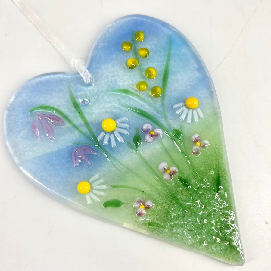 Glass Meadow Heart with Pretty Pastel Flowers