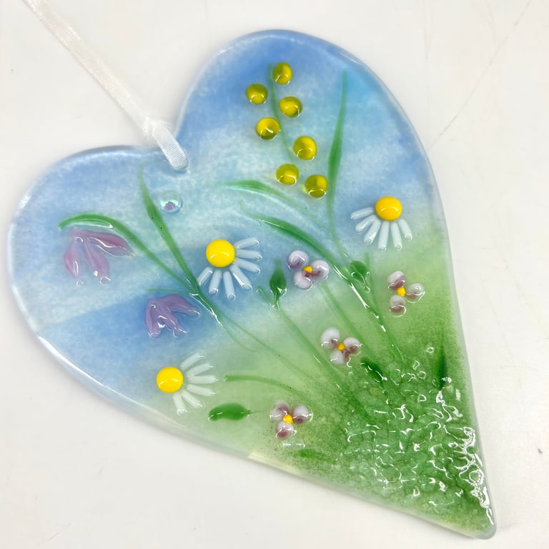 Glass Meadow Heart with Pretty Pastel Flowers