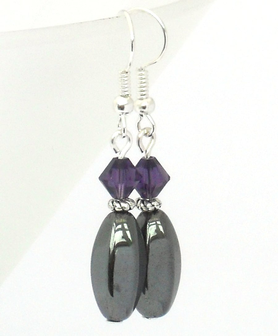 Hematite and crystal earrings, with purple velvet crystal by Swarovski®