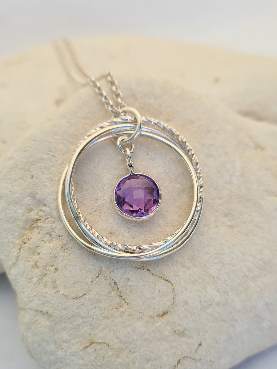 Handmade Trio of Silver Rings with a Cut Amethyst Necklace
