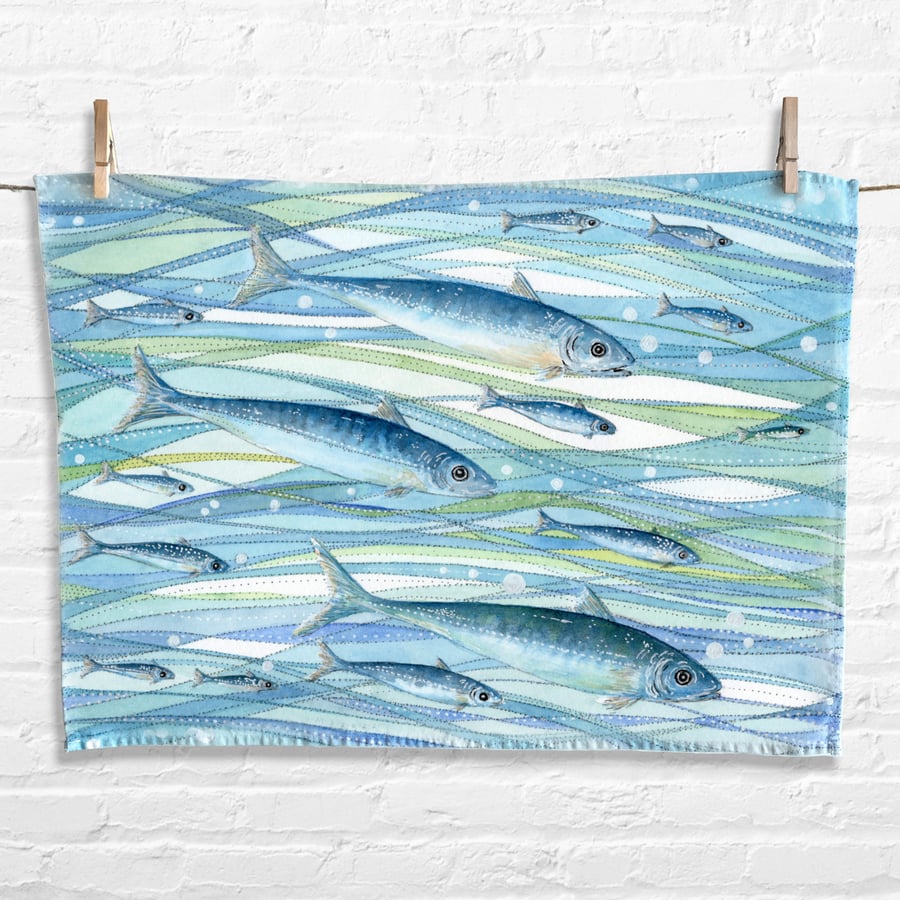 Fish Tea Towel - Coastal Kitchen Cotton Linen - Seaside, Nautical Decor Art