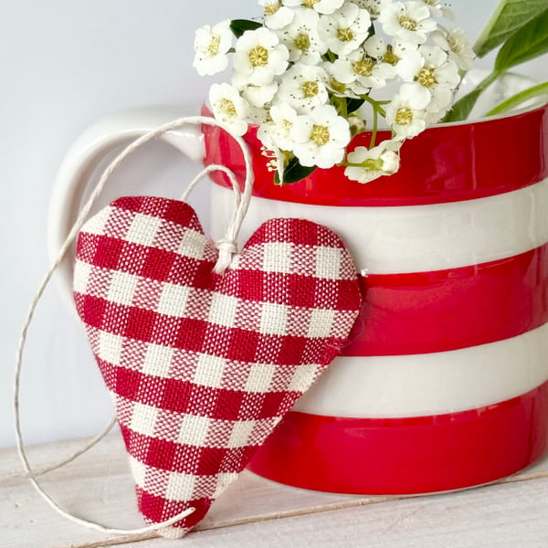 MINI HEART DECORATION - red gingham checks, with lavender