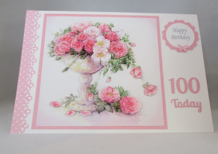 Decoupage  Roses  birthday card,tumbling roses,100 years,Personalise, Handmade