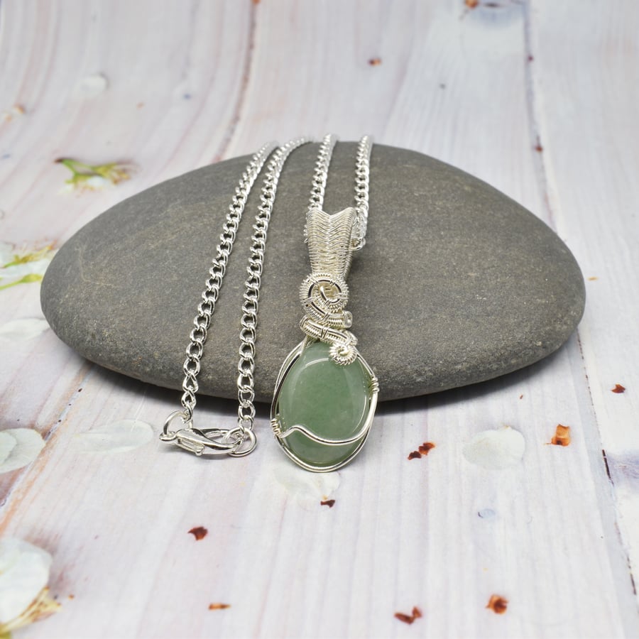 Wire Wrapped Aventurine and Silver Filled Pendant