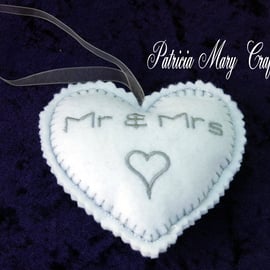 Personalised wedding heart, Embroidered heart, felt heart, hanging heart, 