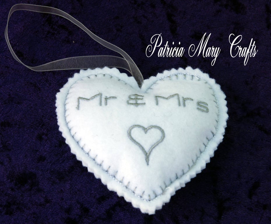 Personalised wedding heart, Embroidered heart, felt heart, hanging heart, 