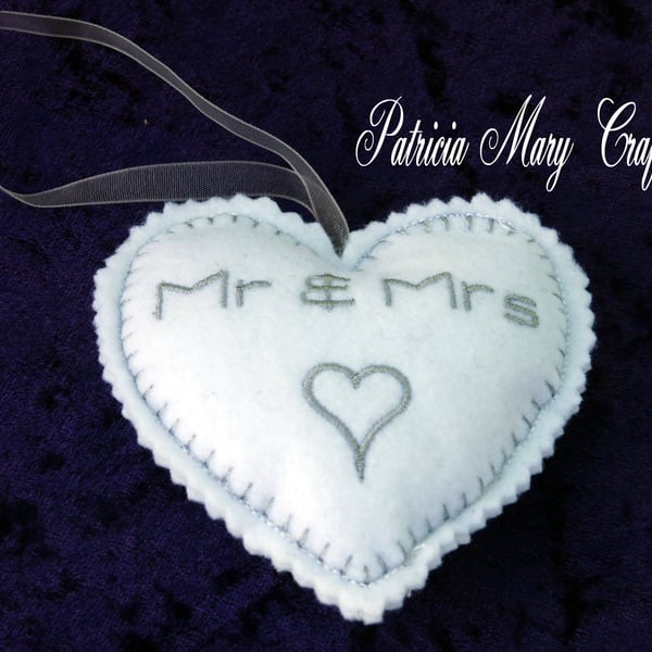 Personalised wedding heart, Embroidered heart, felt heart, hanging heart, 