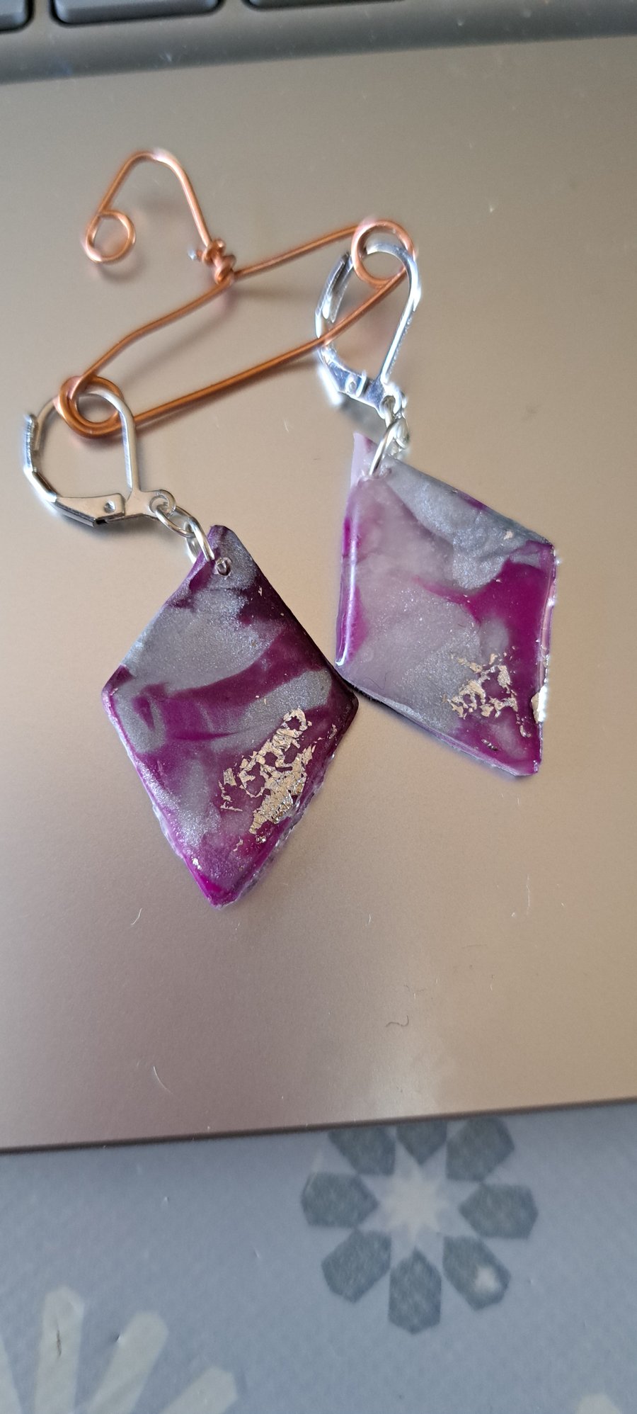 Handmade diamond shaped earrings, purple, silver, silver leaf  