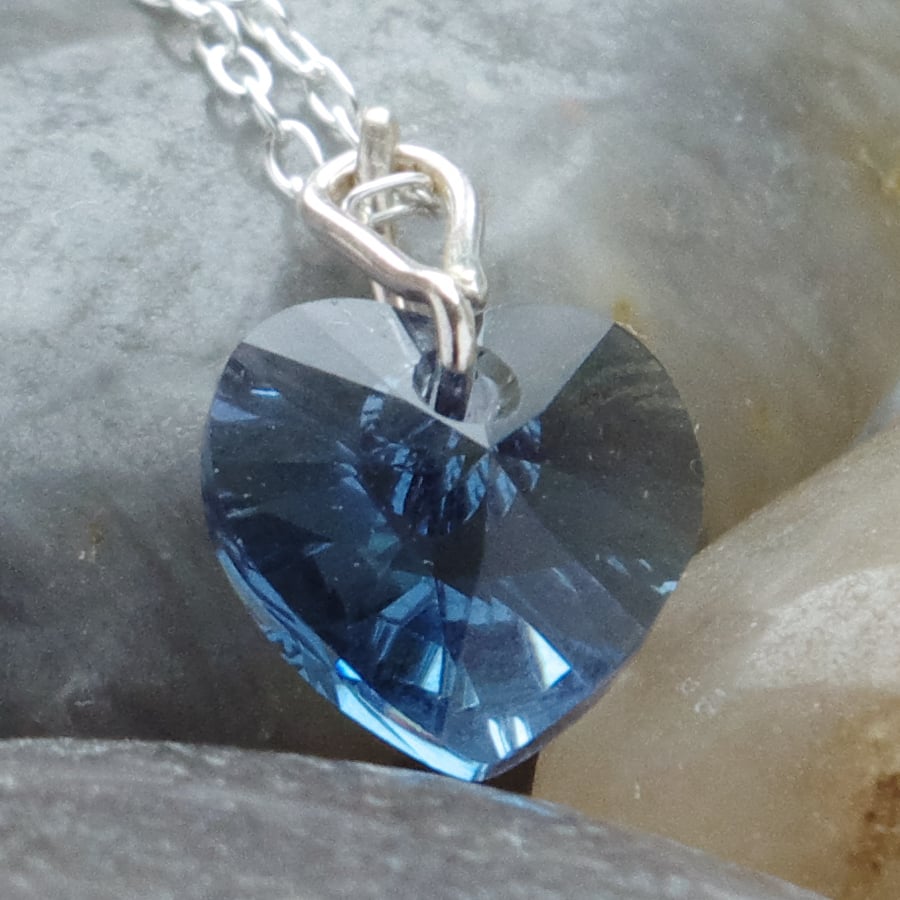 Blue Austrian Crystal Heart Pendant In Sterling Silver With Chain 