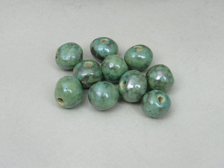 10 Small Verdigris Glazed Handmade Ceramic Beads