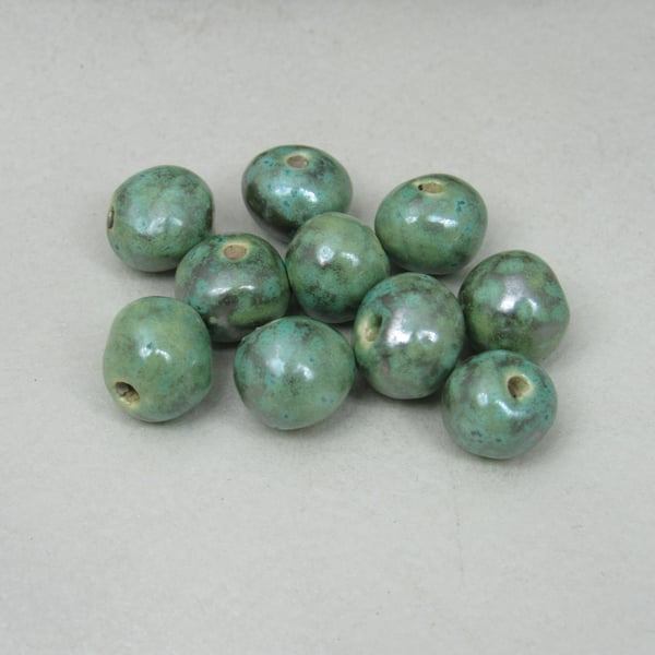 10 Small Verdigris Glazed Handmade Ceramic Beads