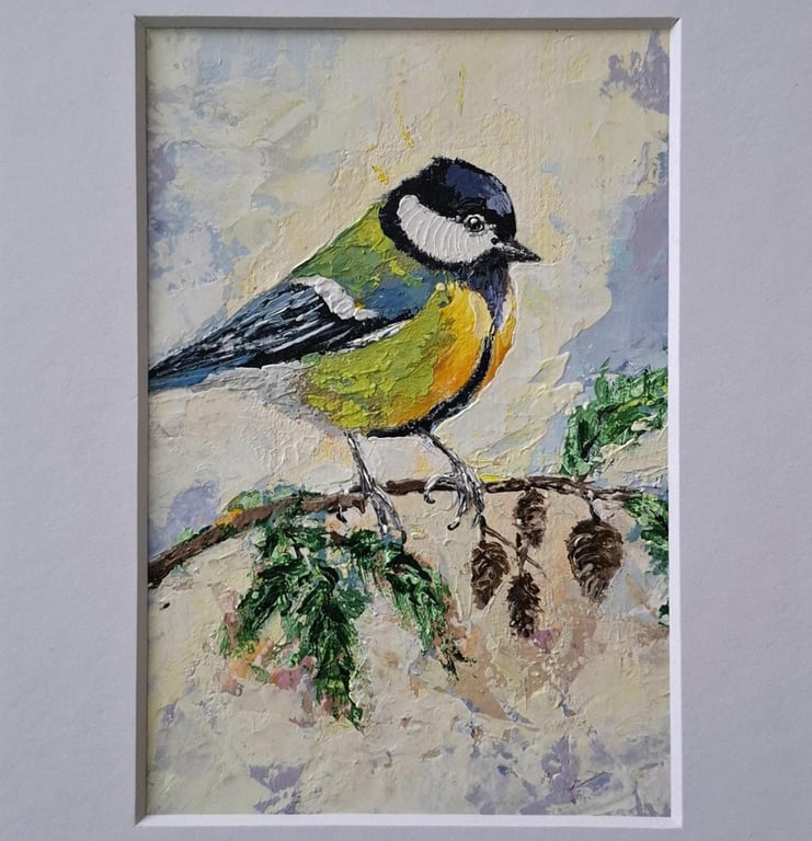 Original Great Tit Painting Bird Portrait Original Gouache Painting