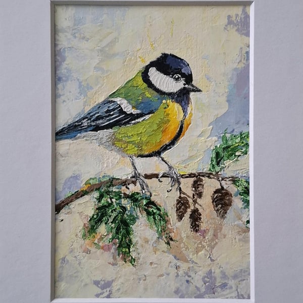 Original Great Tit Painting Bird Portrait Original Gouache Painting