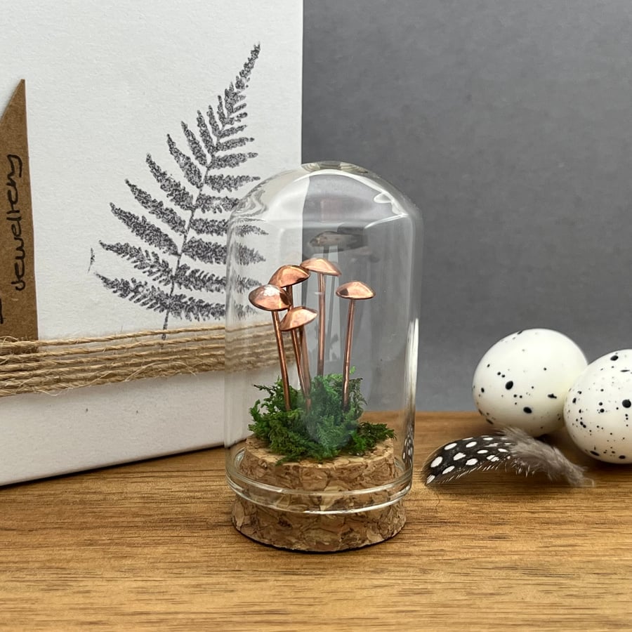 Handmade Mini Copper Woodland Mushroom Curiosity Bell Jar