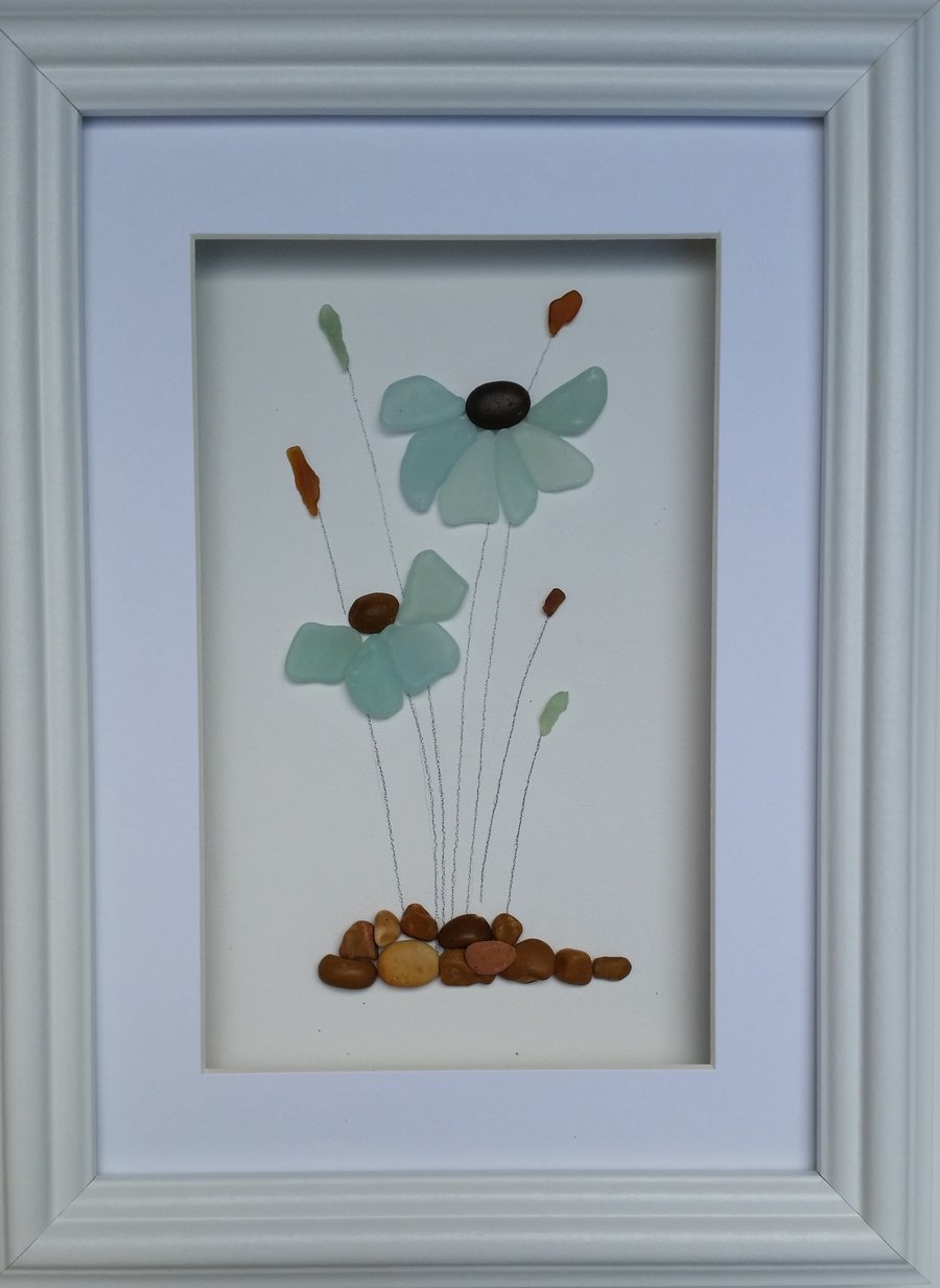 Sea Glass Flowers, Blue, Framed Art Wall Decor, Made in Cornwall, Cornish Gifts