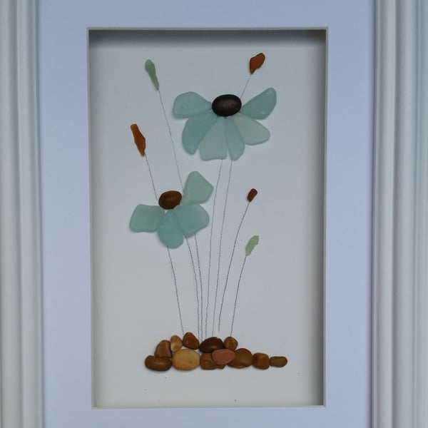 Sea Glass Flowers, Blue, Framed Art Wall Decor, Made in Cornwall, Cornish Gifts