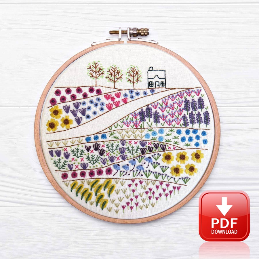 Flower Meadow Cottage Hand Embroidery PDF Pattern