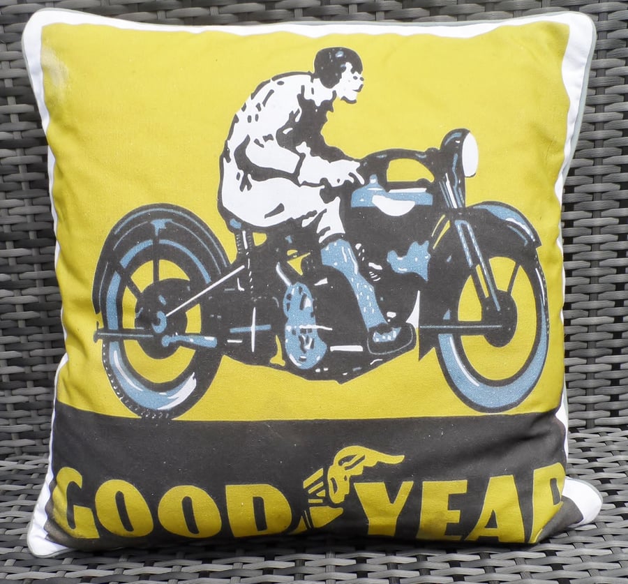 Cushion in a vintage 'Good Year' tyre advertising print. FREE UK Postage.