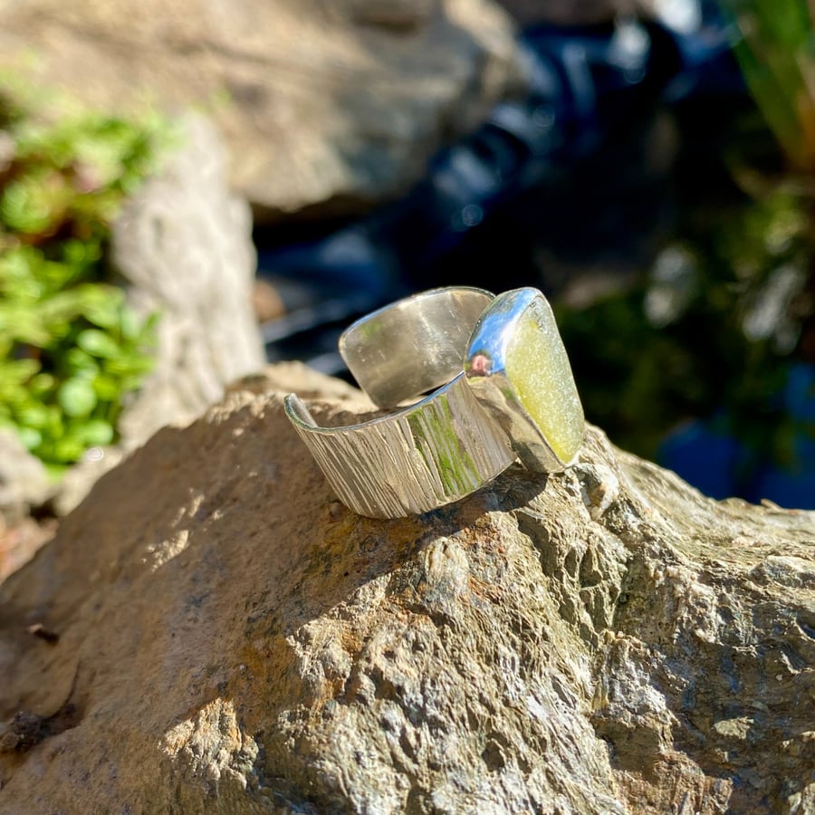 Chunky Wide Band Olive Green Sea Glass and Sterling Silver Ring- Adj - 1350