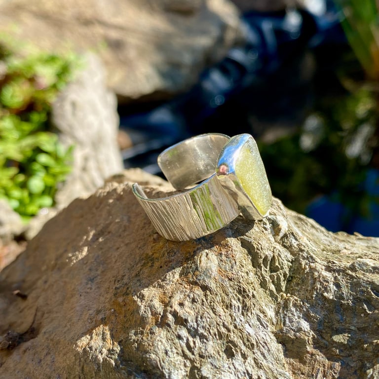 Chunky Wide Band Olive Green Sea Glass and Sterling Silver Ring- Adj - 1350