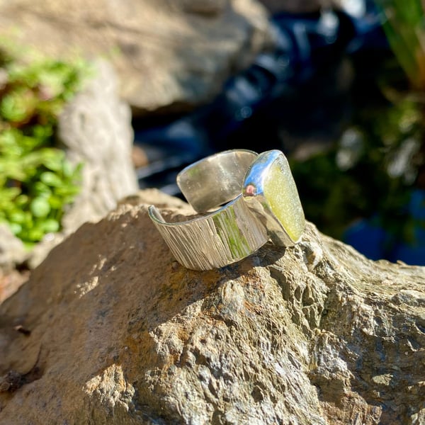 Chunky Wide Band Olive Green Sea Glass and Sterling Silver Ring- Adj - 1350
