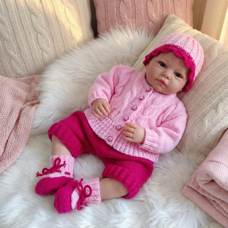 Hand Knitted Pink Baby Outfit Set Cardigan Shorts Hat and Booties 0 to 3 Months