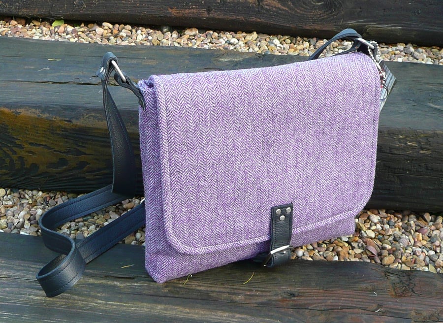 Crossbody bag, purple herringbone tweed, shoulder bag, tweed handbag