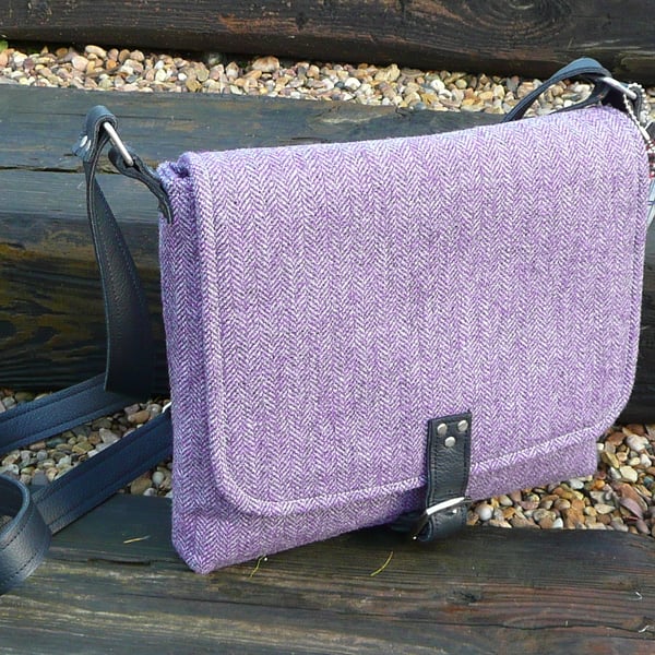 Crossbody bag, purple herringbone tweed, shoulder bag, tweed handbag