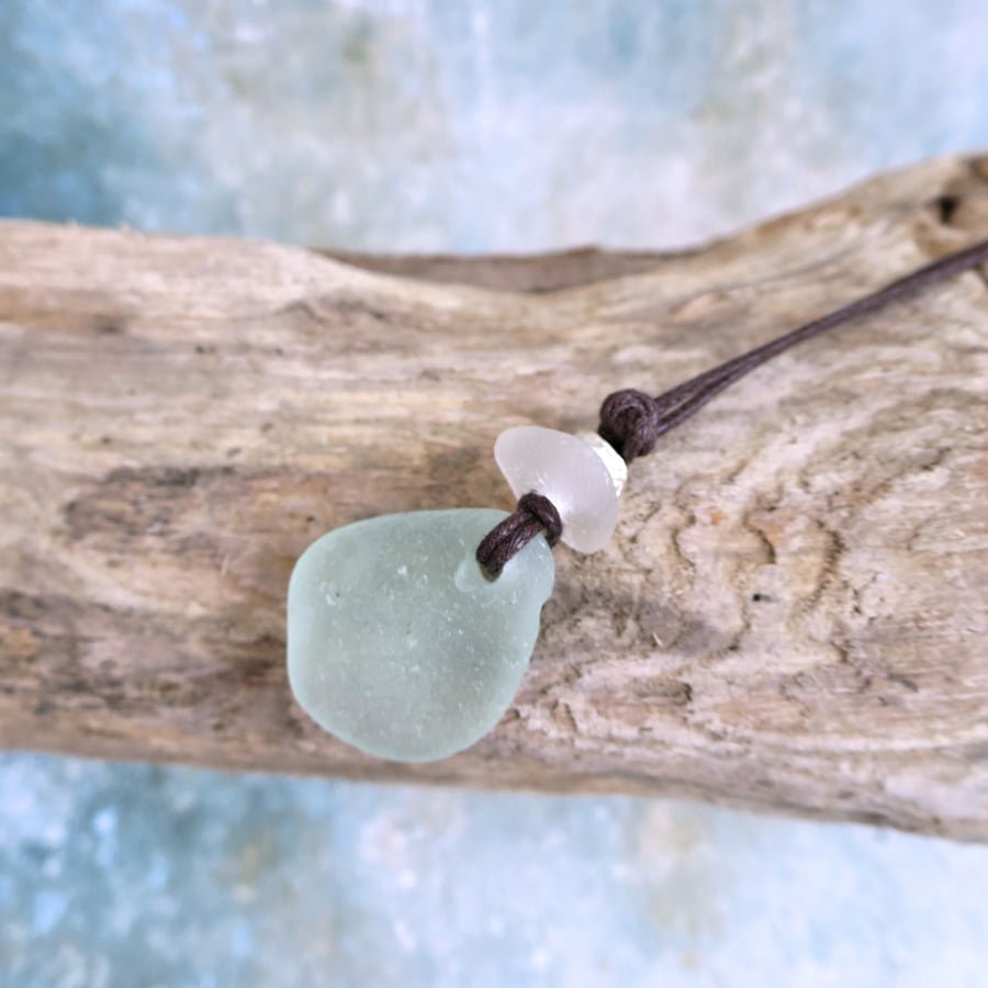 Seafoam Sea Glass Necklace, Handmade Coastal Pendant on Waxed Cord