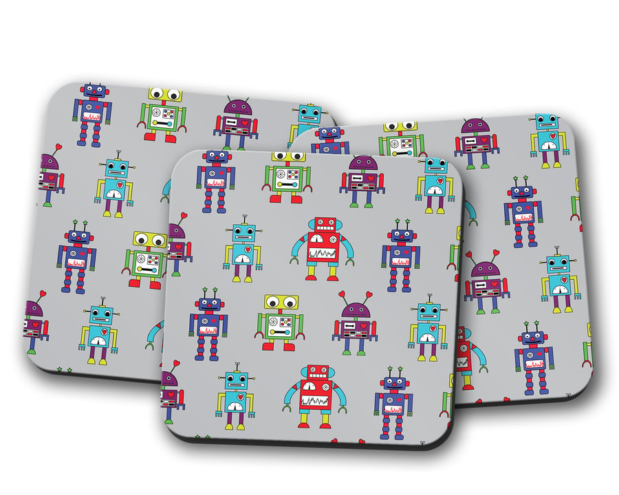 Grey with Multicoloured Robots Design Coaster, Drinks Mat
