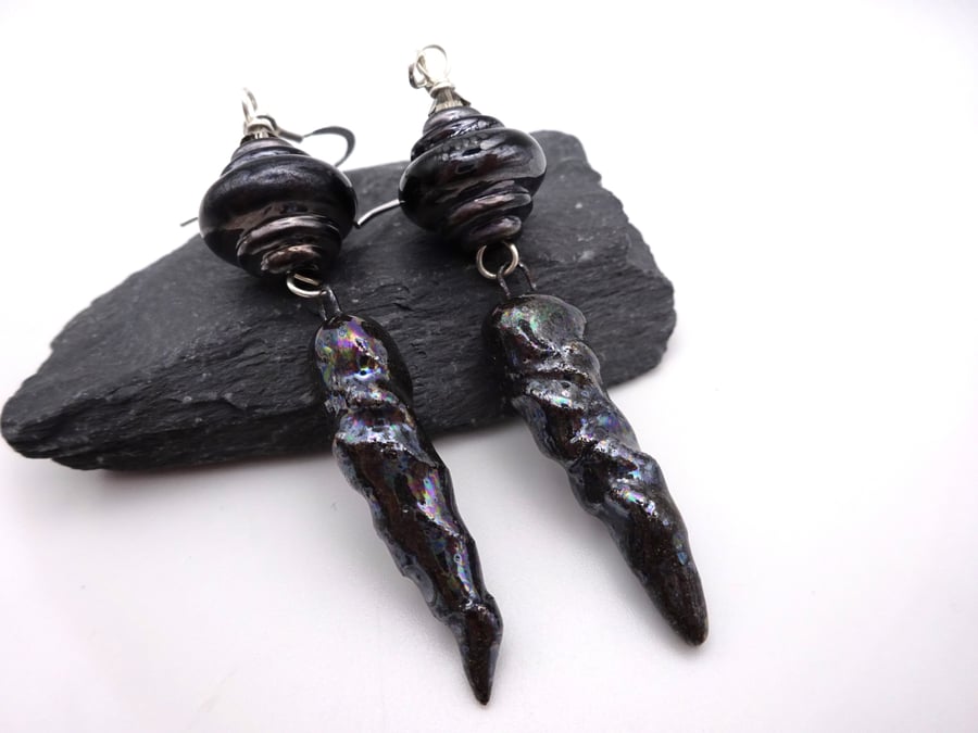 lampwork glass grey silver ceramic earrings