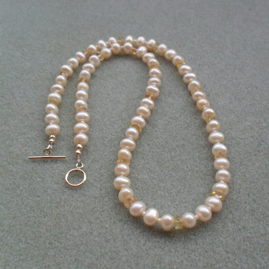 Champagne Freshwater Pearls With Citrine Gold Filled Necklace