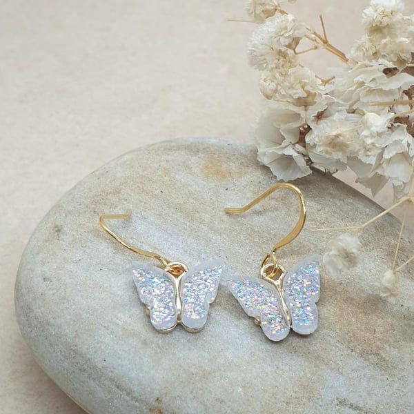 18k gold plated earrings with cute kitsch acrylic silver glitter butterfly charm