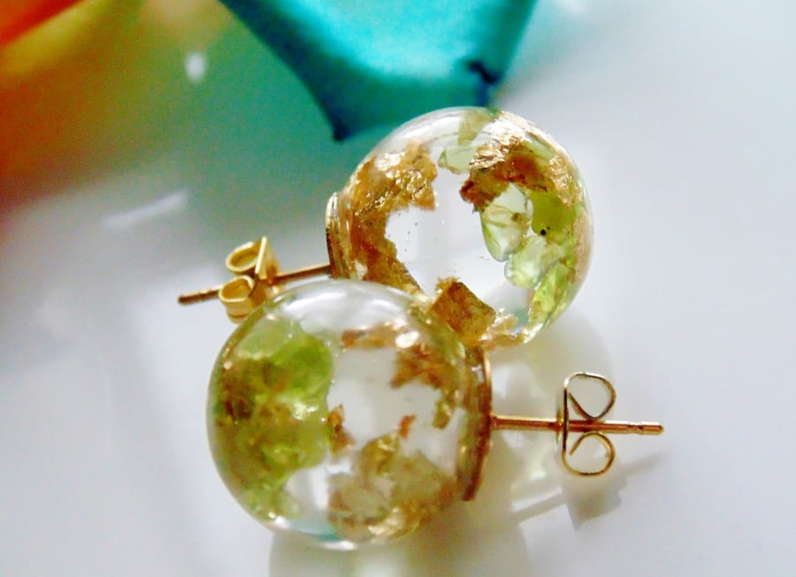 Natural Peridot Earrings with Gold Flakes, Resin Orb Earrings