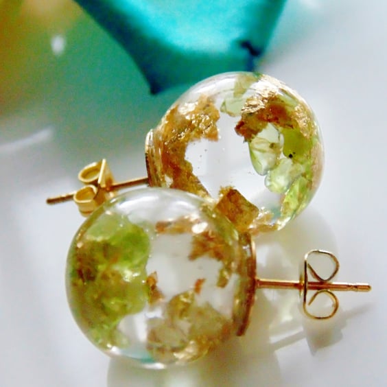 Natural Peridot Earrings with Gold Flakes, Resin Orb Earrings