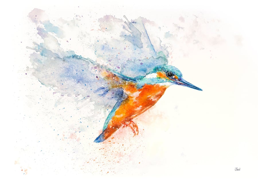 Kingfisher watercolour print, bird painting, abstract wall art