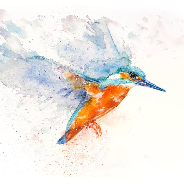 Kingfisher watercolour print, bird painting, abstract wall art