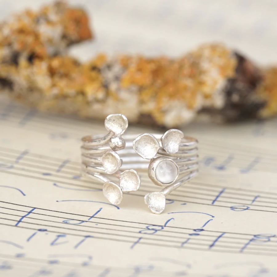 Sterling silver lichen ring with moonstone