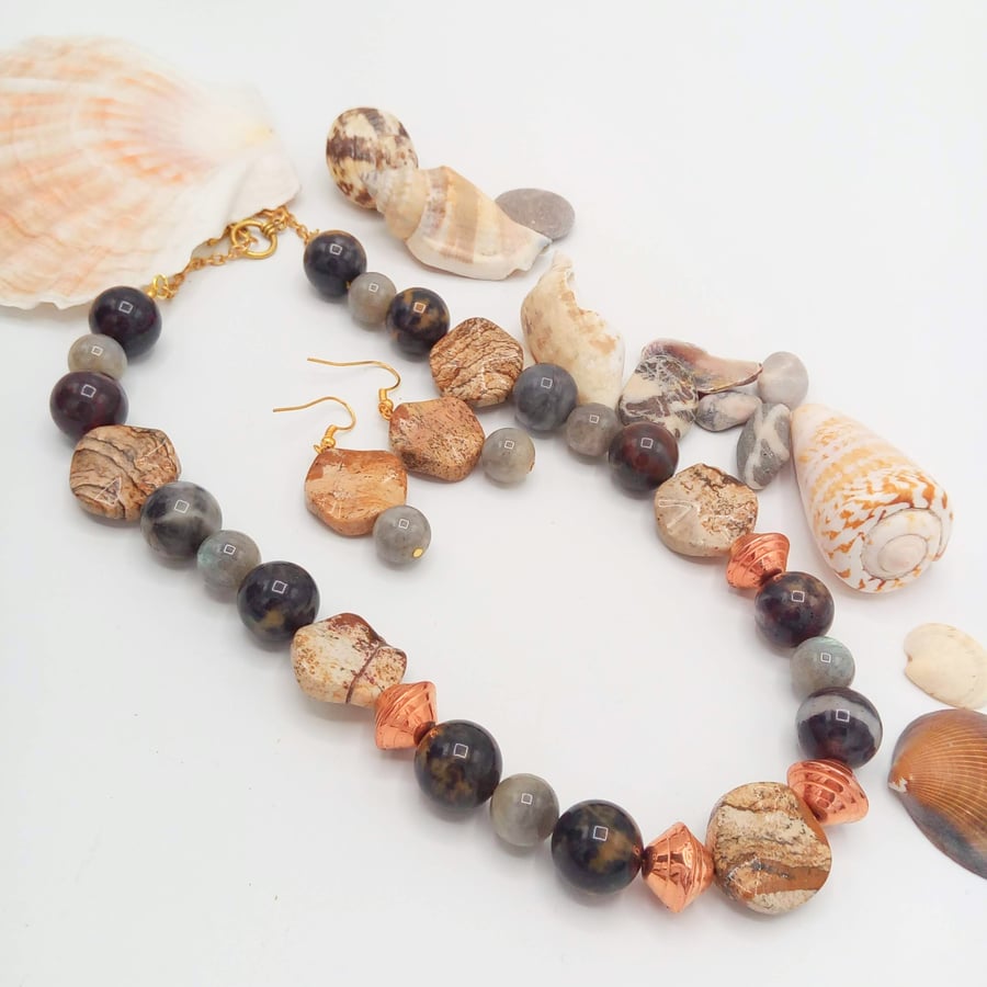 Black Charcoal Grey and Golden Brown Agate Bead and Copper Spacer 2 Piece Set