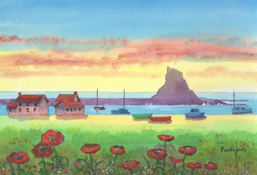 Holy Island, Sunset, Lindisfarne, Original Watercolour in 14 x 11 '' Mount