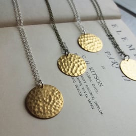 Gold Hammered Disc necklace - Golden Sun - raw brass on silver or bronze