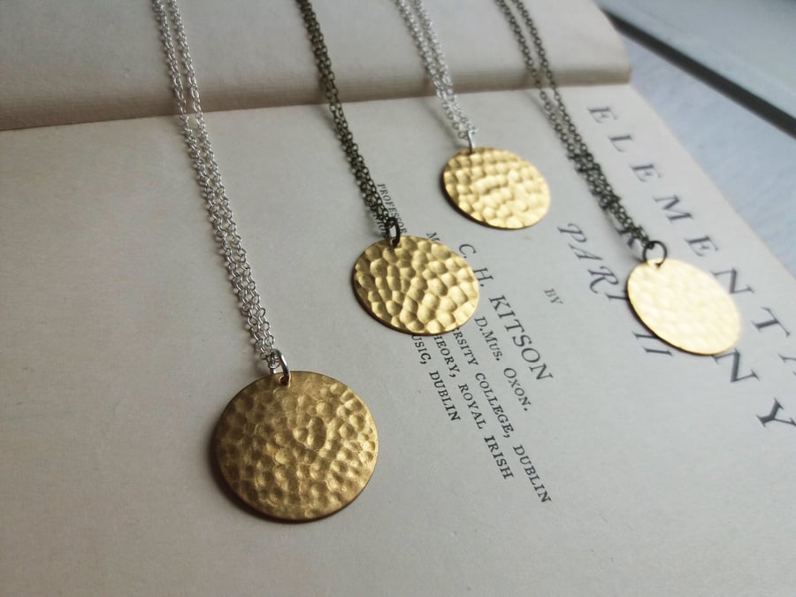 Gold Hammered Disc necklace - Golden Sun - raw brass on silver or bronze