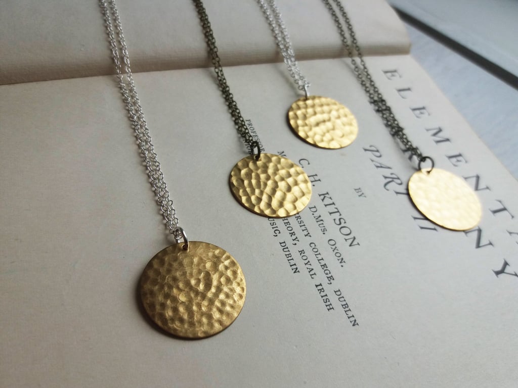 Gold Hammered Disc necklace - Golden Sun - raw brass on silver or bronze