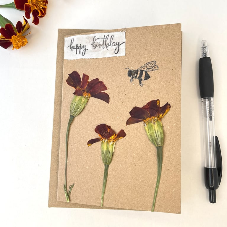 Marigold October Birth Flower Birthday Card, Real Pressed Flowers