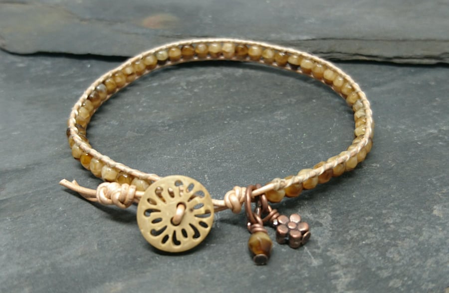 Neutral leather and tortoiseshell glass bead bracelet with wooden button