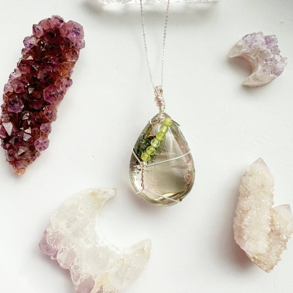 Garden Quartz crystal necklace, Sterling Silver, Peridot, Lodolite crystal, 