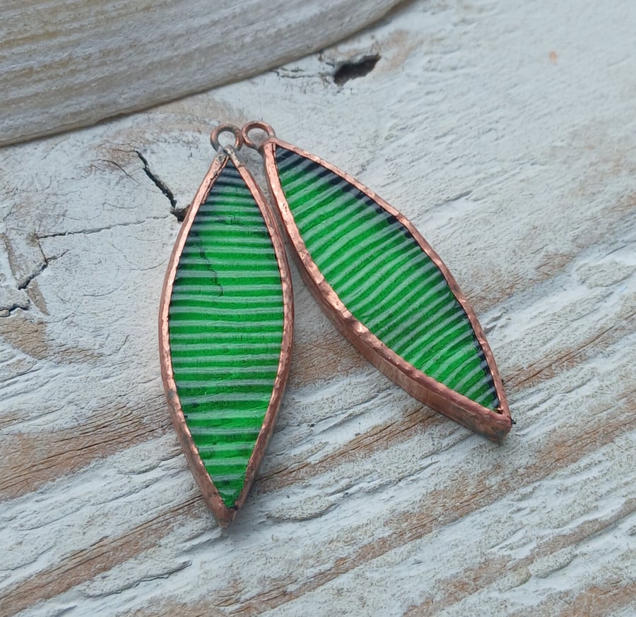 Green Textured Stained Glass Leaf Pair
