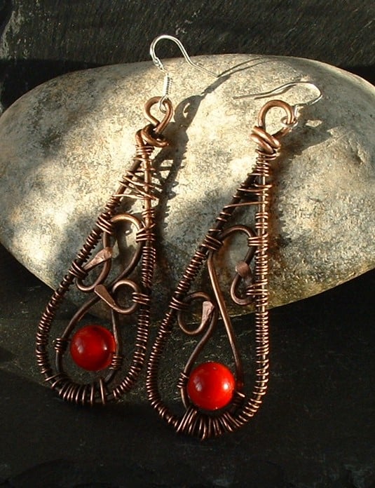 "Rambling Rose" Rustic Copper Wire Wrapped Earrings with Red Ceramic Beads